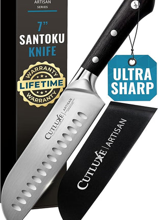 Cutluxe Santoku Knife – 7" Chopping Knife, Vegetable Knife – Forged High Carbon German Steel – Sheath Included – Full Tang & Razor Sharp – Ergonomic Handle Design – Artisan Series