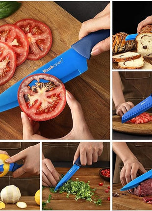 Wanbasion Blue Stainless Steel Knife Set, Sharp Kitchen Knife Set Professional, Kitchen Knife Set Dishwasher Safe with Covers for Cooking