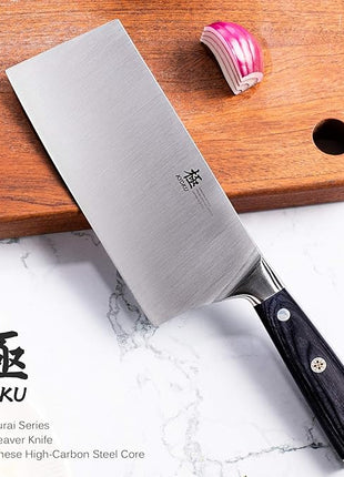 KYOKU Samurai Series - 7" Cleaver Knife - Full Tang - Japanese High Carbon Steel Kitchen Knives - Pakkawood Handle with Mosaic Pin - with Sheath & Case