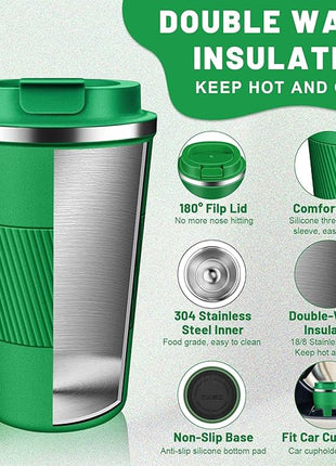 Insulated Coffee Tumblers with Flip Lid 12oz / 17oz, Stainless Steel Travel Coffee Mug Leak Proof, Vacuum Insulated Coffee Mug Reusable Cup, Keeps Cold and Hot for Coffee Tea