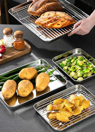 Baking Sheets 2 Pieces, Bastwe Stainless Steel Baking Pan Tray Cookie Sheet, Rectangle Size 9 X 7 X 1 inch, Healthy & Non Toxic, Rust Free & Mirror Finish, Easy Clean & Dishwasher Safe