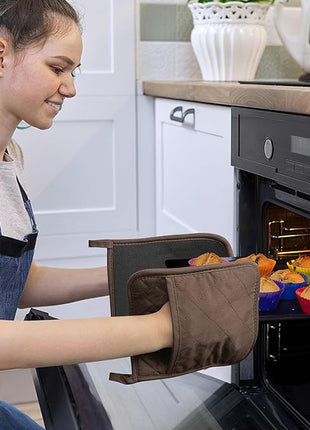 Cotton and Neoprene Oven Pads Pot Holders with Pocket 8"x8.5" Dual-Function Hot Pad Set for Finger Hand Wrist Protection Heat Resistant to 428°F Brown