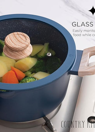 Country Kitchen Non-Stick Cast Aluminum Cookware Set - Durable Kitchen Cookware for Everyday Cooking, Navy Round Handle, 11 Pc.