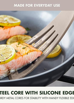 GreenPan Silicone Fish Turner Spatula, Slotted Cooking Kitchen Utensil, Flexible Rubber Nonstick Cookware, Rigid Steel Core, Heat-Resistant, Anti-Slip Handle, BPA-Free, Dishwasher Safe, Taupe