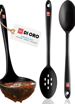 DI ORO Silicone Ladle & Spoons for Cooking – Large Kitchen Spoons for Mixing, Serving, & Stirring - Soup Ladle with Wide Bowl - High Heat Silicone Kitchen Utensils for Nonstick Cookware Safe (Black)