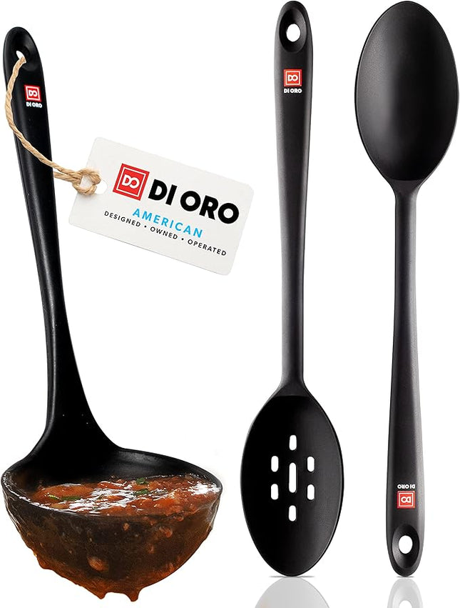 DI ORO Silicone Ladle & Spoons for Cooking – Large Kitchen Spoons for Mixing, Serving, & Stirring - Soup Ladle with Wide Bowl - High Heat Silicone Kitchen Utensils for Nonstick Cookware Safe (Black)