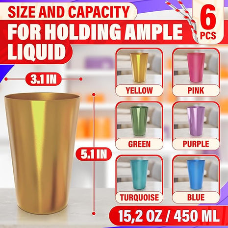 Retro Aluminum Cups 15 oz Set of 6 - Christmas Metal Tumblers for Cold Drinks, Festive Color-Finished Metal Cups for Drinking, Stackable and Dishwasher-Safe, for Home, Camping, Patio & Holiday Parties