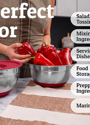 Priority Chef 6Pc Large Mixing Bowls With Lids Set with Non-Slip Bases, Stainless Steel Mixing Bowl Set, 6 Airtight Lids and 3 Graters, Red