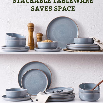 Famiware Meteor Plates and Bowls Sets for 4, 12 Pieces Dinnerware Sets, Microwave and Dishwasher Safe Dishes Set, Blue Gray