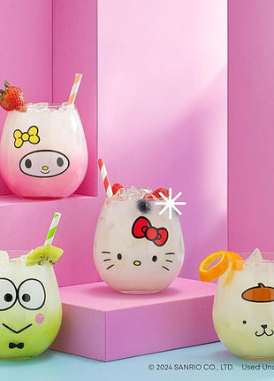 JoyJolt Sanrio Hello Kitty & Friends Hello Sippy Drinking Glasses, 15 oz Stemless Glass Cups Set of 4 ft Hello Kitty Keroppi My Melody Pompompurin, Cute Glasses for Water, Juice, Kawaii Tumbler