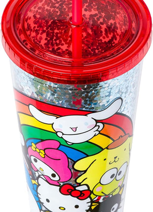 Silver Buffalo Sanrio Hello Kitty and Friends Featuring Cinnamoroll, Badtz-Maru, My Melody, Pompompurin, Tuxedo Sam, and Chococat Rainbow Plastic Confetti Cold Cup with Lid and Straw, 32 Ounces
