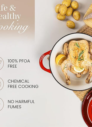 Nuovva Enamelled Cast Iron Dutch Oven Pot with Lid – 6.4 Quart Non Stick Casserole Pot – Heavy Duty & Oven Safe up to 500° F for Bread Baking, Braising, Stews, Roasting – 28cm Red