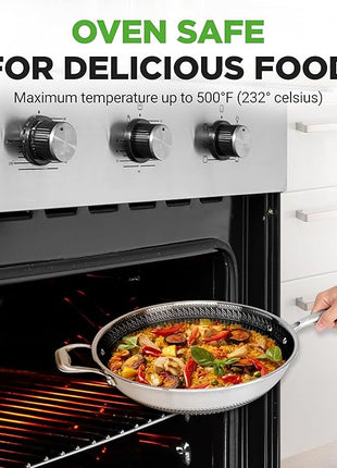 NutriChef 12" Stainless Steel Wok - Induction ready, Non Stick Tri-ply technology, Scratch-resistant Honeycomb Fire Textured Pattern