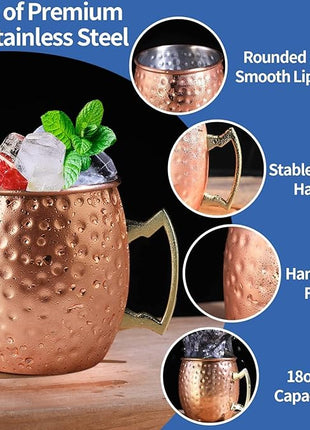 LINALL Moscow Mule Copper Mugs- Set of 4 Copper Plated Stainless Steel Mug 18oz, for Chilled Drinks (4 pcs)