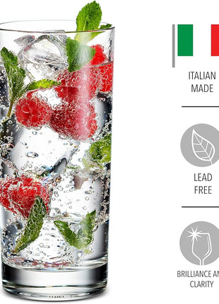 Godinger Highball Drinking Glasses, Italian Made Tall Glass Cups, Water Glasses Drinking Set, Cocktail Glasses - 14oz, Set of 4, Made In Italy