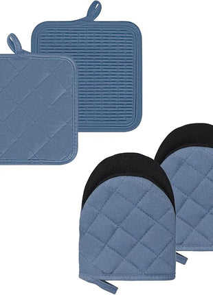 Oven Mitts and Pot Holders Set, Pack of 4, Heat Resistant Silicone Kitchen Mini Oven Mittens for 500 Degrees, Mini Oven Gloves and Hot Pads for Baking Grilling Barbecue Microwave Machine Washable