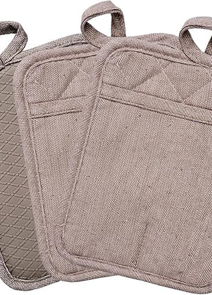 Pot Holders Yarn-Dyed Set of 3 Non Slip Silicone Kitchen Lines Heat Resistant 500℉ Kitchen Gloves BBQ Cooking Baking Cooking Barbecue Microwave Machine Washable (Khaki Pot Holders)
