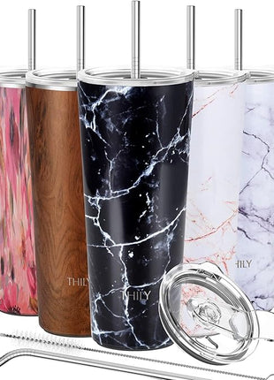 THILY Stainless Steel Vacuum Insulated Tumbler Travel Mug 26 oz Coffee Cup with 2 Lids and Straws, Splash Proof, Keep Ice Drinks Cold, Black Marble