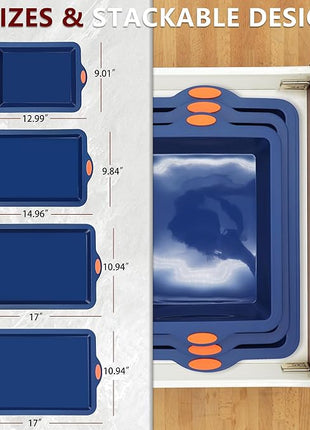 To encounter Silicone Baking Pans Set, 4 Pieces Nonstick Bakeware Set with Baking Pans, Baking Sheets, Cookie Sheets, Cake Pan with Grips and Metal Reinforced Frame More Strength, Navy Blue