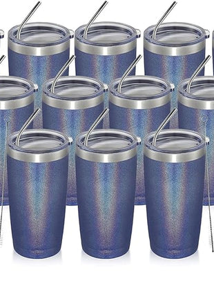 MEWAY 20oz Tumbler 12 Pack Double Wall Vacuum Insulated Travel Glitter Mug Bulk, Stainless Steel Tumblers with Lid and Straw, Powder Coated Coffee Cups for Woman(Rainbow Navy,Set of 12)