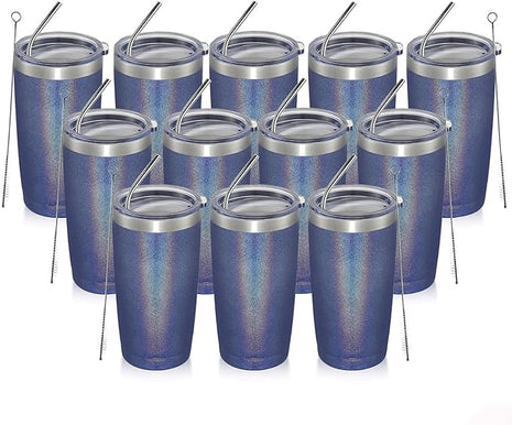 MEWAY 20oz Tumbler 12 Pack Double Wall Vacuum Insulated Travel Glitter Mug Bulk, Stainless Steel Tumblers with Lid and Straw, Powder Coated Coffee Cups for Woman(Rainbow Navy,Set of 12)