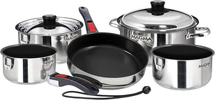 Magma 10 Piece Gourmet Nesting Stainless Steel Cookware Set with Ceramica Non-Stick, Induction Compatible, Oven Safe to 500°F - Suitable for All Stovetops, Removable Handles, Silver