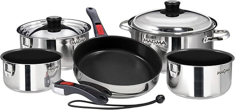 Magma 10 Piece Gourmet Nesting Stainless Steel Cookware Set with Ceramica Non-Stick, Induction Compatible, Oven Safe to 500°F - Suitable for All Stovetops, Removable Handles, Silver