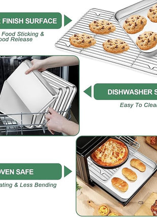 Stainless Steel Baking Sheets with Rack, HKJ Chef Cookie Sheets and Nonstick Cooling Rack & Baking Pans for Oven & Toaster Oven Tray Pans, Rectangle Size 12.5L x 10W x 1H inch & Non Toxic & Healthy