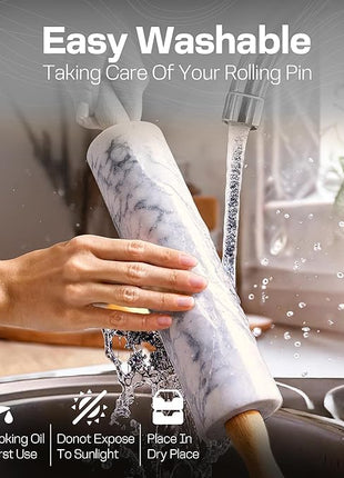 17 Inch Marble Rolling Pin with Wooden Handles & Wood Cradle, Dough Roller for Baking Pizza, Pies, Pastries, Pasta, Cookies