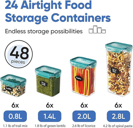Chef's Path Airtight Food Storage Containers with Lids, 24 pcs (Teal Color) Plastic Kitchen and Pantry Organization for Dry Food, Flour and Sugar, BPA Free