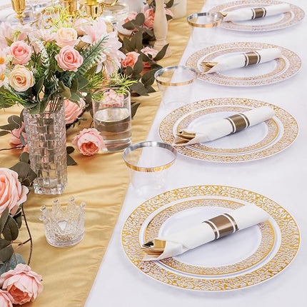 DaYammi 210 PCS Gold Plastic Plates, Gold Plastic Dinnerware Sets, Includes: 30 Dinner Plates, 30 Salad Plates, 30 Pre Rolled Napkins with Gold silverware,30 Cups 9 OZ, Perfect for Wedding and Party