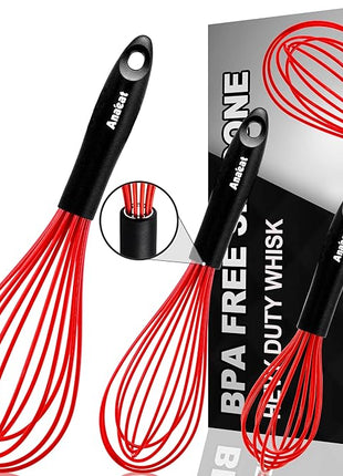 Anaeat Silicone Whisk, Thick Stainless Steel Wire Inner - Heat Resistant Kitchen Whisks for Non-Stick Cookware, Balloon Egg Beater for Whisking, Blending, Beating, Frothing & Stirring (Red)