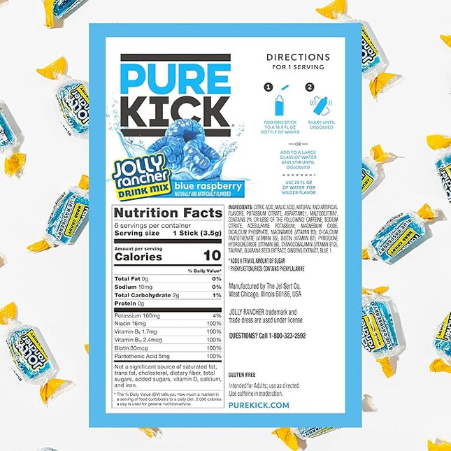 PURE KICK Energy Singles To Go Drink Mix, Jolly Rancher Blue Raspberry, Includes 12 Boxes with 6 Packets in each Box, 72 Total Packets