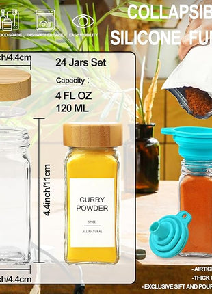 AISIPRIN Glass Spice Jars with 398 Labels, 24 pcs 4oz Spice Containers with Bamboo Lids, Square Spice Bottles With Shaker Lids,Spice Organization for Cabinet,Drawer,Rack,Seasoning Organizer