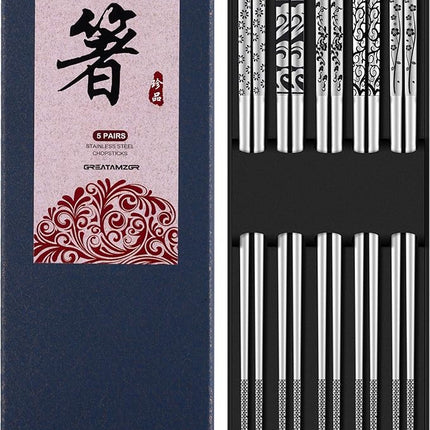 Metal Chopsticks Reusable 316 Stainless Steel Chopsticks Multipack Dishwasher Safe Chop Sticks Square Fancy Laser Engraved Non-slip Korean Chopstick for Cooking Eating 9.45 Inches 5 Pairs Gift Set
