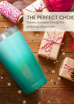 MEWAY 20oz Tumbler 4 Pack Double Wall Vacuum Insulated Travel Glitter Mug Bulk, Stainless Steel Tumblers with Lid and Straw, Powder Coated Coffee Cups for Woman(Gradient Green,Set of 4)