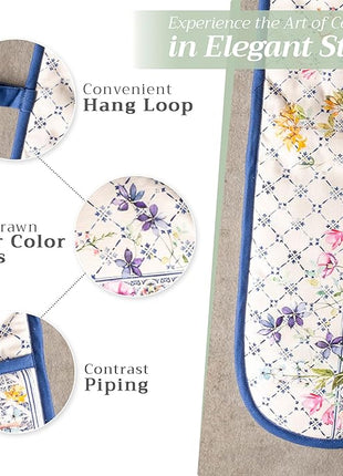 Maison d' Hermine Double Oven Mitts 100% Cotton 7"x35" Double Oven Mitt Heat Resistant BBQ Cooking Gloves with Loop, Baking, Grilling, Home, Kitchen, Handling Hot Pans Spring Summer (Faience)