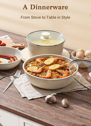 15Pcs Pots and Pans Set Non Stick, Cookware Sets with Detachable Handle, Nonstick RV Kitchen Cooking Tools Removable Handles, Oven Safe, Induction Fast, Stackable Induction Cookware, White