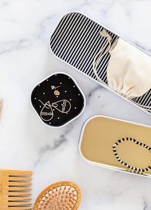 Three by Three Seattle 6 Piece Shallow Metal Organizer Tray Set for Storing Makeup, Stationery, Utensils, and More in Office Desk, Kitchen and Bathroom Drawers (1 Inch, Gold Dots and Stripes)