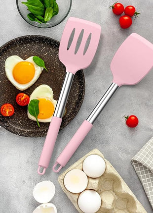 E-far Silicone Spatula Set of 2, Solid & Slotted Turner for Nonstick Cookware, Heat Resistant Rubber Kitchen Cooking Utensils for Flipping Fish Pancake Egg - Pink
