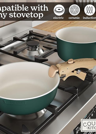 Country Kitchen Cookware Set with Removable Handle, Oven & RV Safe Pots and Pans Set, Sage Wood Handle, Original