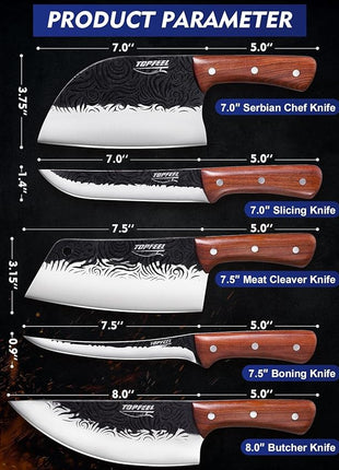 Butcher Knife Set 5PCS, Hand Forged Kitchen Knives Set Serbian Chef Knife Set, Meat Cleaver Boning Carving Knives Set for Home、Camping、BBQ