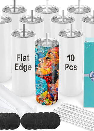 Joyclub Sublimation Tumblers 20 oz 10 Pack Flat Bottom Sublimation Blanks Bulk Stainless Steel Insulated Skinny Straight Cups with Lid and Straw, Gift Box