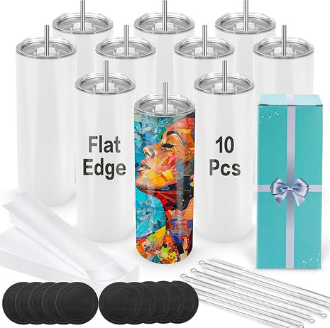Joyclub Sublimation Tumblers 20 oz 10 Pack Flat Bottom Sublimation Blanks Bulk Stainless Steel Insulated Skinny Straight Cups with Lid and Straw, Gift Box