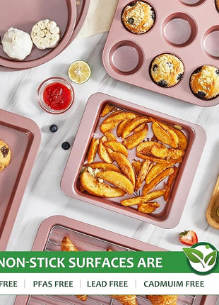 HONGBAKE Bakeware Sets, Baking Pans Set, Nonstick Oven Pan for Kitchen with Wider Grips, 10-Piece Including Rack, Cookie Sheet, Cake Pans, Loaf Pan, Muffin Pan, Pizza Pan - Pink