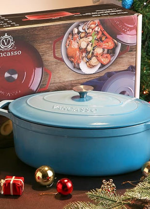 vancasso Enameled Cast Iron Dutch Oven, 9.3 Quart Dutch Oven Pot with Lid, Oval Dutch Oven Cast Iron Pot with Non Stick Coating for Bread Baking, Light Blue