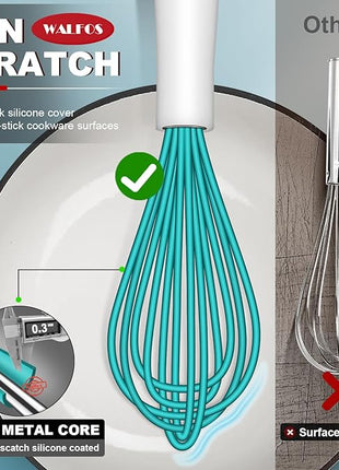 Walfos Whisk,Silicone Whis, Non Scratch Coated Wisking tool silicone set of 5,BPA Free and Heat Resistant 480°F.Premium for Whisking, Blending, Frothing, Beating.(Blue)