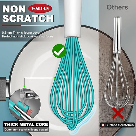Walfos Whisk,Silicone Whis, Non Scratch Coated Wisking tool silicone set of 5,BPA Free and Heat Resistant 480°F.Premium for Whisking, Blending, Frothing, Beating.(Blue)