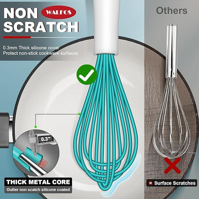 Walfos Whisk,Silicone Whis, Non Scratch Coated Wisking tool silicone set of 5,BPA Free and Heat Resistant 480°F.Premium for Whisking, Blending, Frothing, Beating.(Blue)