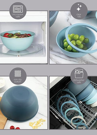 COOK WITH COLOR Mixing Bowls with Non Slip Bottom - 12 Piece Plastic Nesting Bowls Set includes 6 Prep Bowls and 6 Tritan Lids - Microwave Safe (Blue)